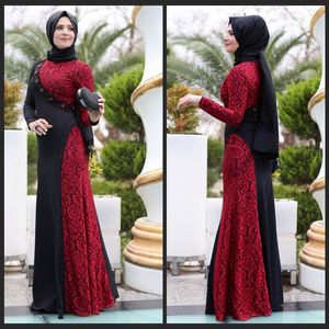 La nouvelle conception noir rouge longue arabe musulman robes de soirée une ligne dentelle perlée manches longues étage longueur femmes robes de soirée