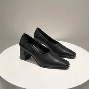 The Row Sandalias de tacón grueso Zapatos de vestir de diseñador Tacones de cuero marrón negro para mujer 7,5 cm Cabeza cuadrada con estilo Zapatos más holgazanes de oficina Tamaño 35-40 con caja