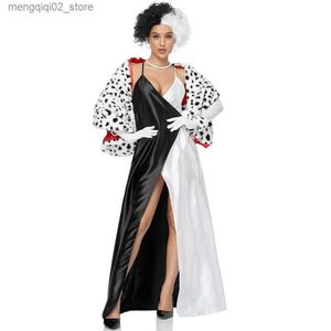 Traje temático Cruella Cosplay viene negro blanco diablo viene peluca punto chal elegante vestido conjunto Halloween mujeres sexy vestidos de fiesta de noche Q231010