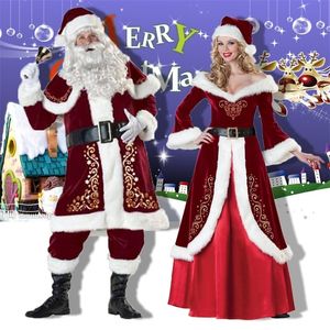 Thème Costume Deluxe Hommes De Noël Femmes Cosplay Tissu De Luxe Couple Père Noël Uniforme Tenues De Vacances 221124