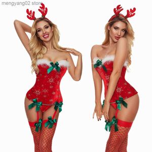 Costume à thème Érotique Rouge Noël Corset Body avec Coiffe d'élan mignon G-sting String Ensemble Bow Lingerie Sex Toys Cadeau de Noël pour les femmes T231011