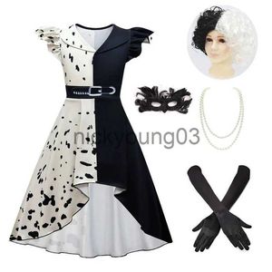 Disfraz temático Evil Madame Cruella De Vil Disfraz de cosplay Vestido para niñas Vestido de mucama blanco y negro Vestido de fiesta de Halloween con máscara peluca collar Guantes x1010