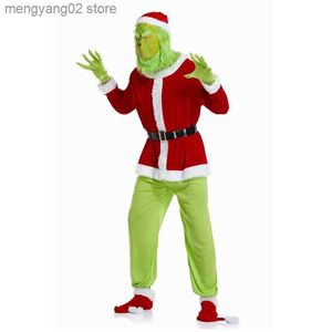 Traje temático Green Big Monster viene para hombres 7pcs Navidad Deluxe Furry Adulto Santa Suire Green Cosplay viene T231013