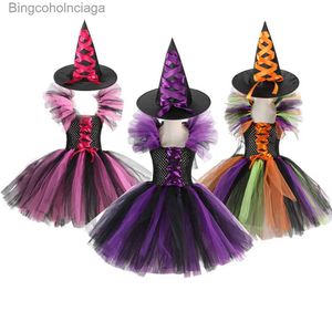 Costume à thème Halloween Venez pour les enfants Filles Sorcière Cosplay Tutu Robe au genou avec chapeau Balai Enfants Carnaval Robes Déguisement Vêtements NewL231013