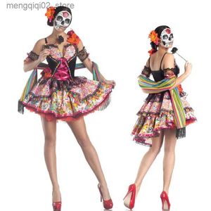 Disfraz temático Halloween Sexy Sugar Skull Skeleton Flower Fairy Ghost Novia Cosplay Vestido Día de los muertos Mascarada Horror Vampiro Fancy Purim Q240307