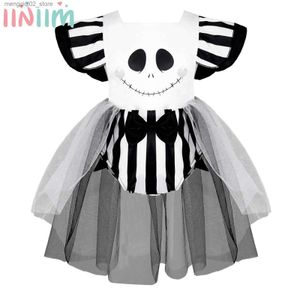 Costume à thème Infantile Bébé Filles Halloween Fantôme Venez Flutter Manches Crâne Visage Imprimé Maille Orné Barboteuse Thème Fête Cosplay Habiller Q240307