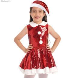 Costume à thème Enfants Filles Noël Père Noël Cosplay Robe pour Nouvel An Fête De Noël Cadeau Performance Venez Sans Manches Paillettes Robe + Chapeau EnsembleL231010