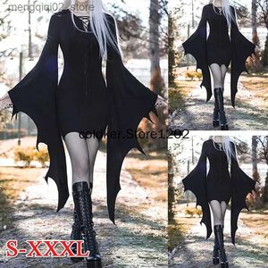 Thème Costume Médiéval Vampire Cosplay Venez Femmes Sexy Slim Gothique Robe Noire Vintage Manches Chauve-Souris Sorcière Halloween Carnaval Robes De Fête Q231010