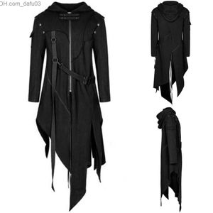 Thème Costume Vintage Halloween Médiéval Steampunk Assassin Génie Pirate Adulte Noir Longue Split Veste Gothique Armure Veste En Cuir Z230805