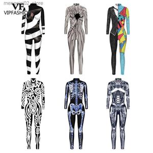 Thème Costume VIP FASHION Femme Halloween Venez Pour Les Femmes Cosplay Robot Imprimé Vient Combinaison Crâne Carnaval Venez Body Barboteuses Q231010