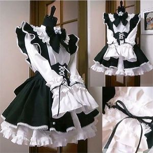 Traje de tema Mujeres Maid Outfit Lolita Cosplay Lindo Sexy Erótico Kawaii Cafe Negro Blanco Hombres Uniforme Delantal Vestido Bowknot Mucama 221122