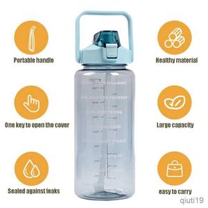 Thermoses 2 pièces/ensemble bouteille d'eau en plastique grande capacité paille rebond couverture échelle de temps motivation étanche tasse pour Sports de plein air Fitness