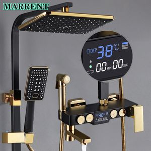 Thermostatic Bathroom Shower System Senducs Exposed Led Temperature Display Bathtub Mixer Faucets Tap Wall Mounted Black Gold Digital Shower Set
