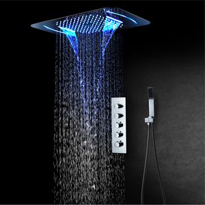 Luces LED multifuncionales Panel de ducha termostático Cabezal de cascada de lluvia de acero inoxidable Juego de grifos de baño para techo Unidad de grifos de lluvia montados en la pared