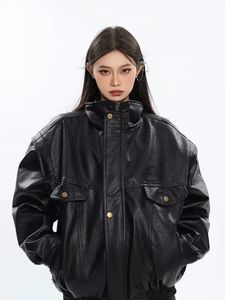 Épais noir Pu veste en cuir femmes Bomber printemps automne surdimensionné coupe-vent Zip Up luxe concepteur moto unisexe vêtements d'extérieur 240122