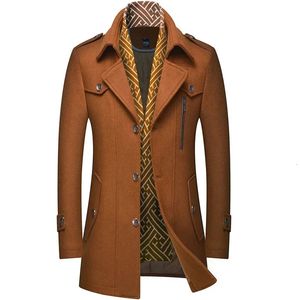 Trench-coat en laine tweed épais pour hommes, col écharpe, vêtements de longueur moyenne, 240113