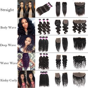 Cheveux humains de qualité 10A corps droit vague d'eau profonde crépus bouclés faisceaux avec fermeture à lacet frontal brésilien vierge Weave Weft Weft Extensions Wet and wavy