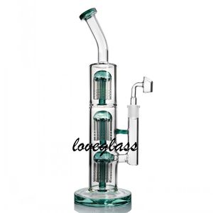 Three Arm Tree Perc Green Glass Water Bongs Recycler Oil Rigs reclamar catcher quemador de aceite Pipe Funcation Waterpipe único 12.9 pulgadas