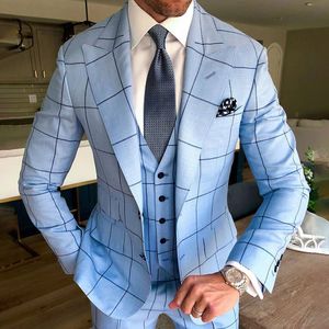 Trajes de tres piezas para hombre, esmoquin informal de negocios, azul a cuadros, ajustado, abrigo de fiesta para novio, ropa de trabajo a medida, traje de boda