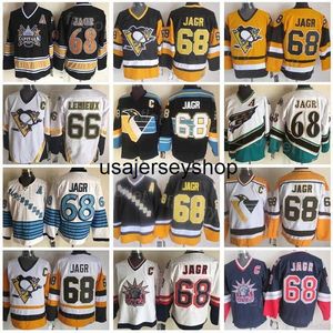 Retour Rétro Hockey 68 Maillot Jaromir Jagr Vintage Classique CCM Noir Blanc Bleu Jaune Équipe Couleur Broderie Pour Spor