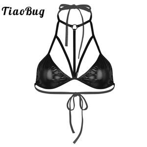 TiaoBug brillante metálico Halter frente tiras Bralette mujeres Sexy Bikini Tops club nocturno fiesta Rave Festival disfraz baile escenario