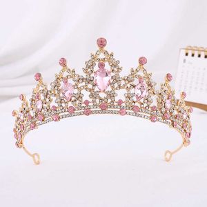 Tiaras Baroque Vintage Gold Color Pink Crystal Heart Bridal Tiaras Crown Rhinestone Diadem Wedding Hair Jewelry Headband Tiara De Noiva Z0220