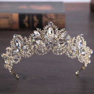 Tiaras New Fashion Baroque Luxury Crystal Ab Bridal Crown Tiara Light Gold Color Diadem Tiaras for Women Bride Wedding Hair Accessories Z0220