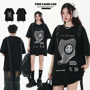 TIDE CARD LOG-Camiseta de manga corta con estampado de placa gruesa abstracta, 180G, tejido alegre, correa de cinta, calle, verano