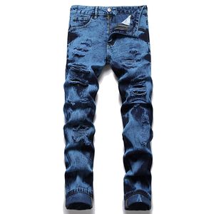 Tie Dye Blue Black Ripped Jeans 2022 Hombres Slim Fit Rectos Múltiples agujeros Pantalones de mezclilla Moda Casual Tamaño 28-40 Streetwear