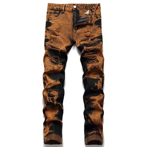 Tie Dye Orange Black Ripped Jeans para hombre 2022 Casual Slim Straight múltiples agujeros Denim Pantalones 25 estilos Streetwear Pantalones