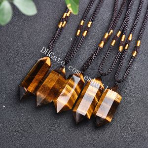 Ojo de Tigre DT Collar con Colgante de Varita de Doble Terminación Cargado Mágicamente Piedra Preciosa de 6 Facetas Cristal de Cuarzo Claro Natural Puntos Hexagonales Prisma Collares de Rejilla de Chakra