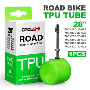 Neumáticos CYCLAMI Ultralight Bike Inner Tube 700X18 25 28 32c Road Bicycle TireTPU Material 65mm Longitud Válvula francesa Super Light Ride Tire 0213