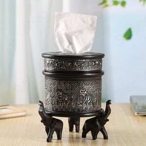 Cajas de pañuelos Servilletas Madera de elefante tallada Thai Rollo de madera maciza Organización de toallas de papel Mesa de comedor para el hogar Servilletero de escritorio
