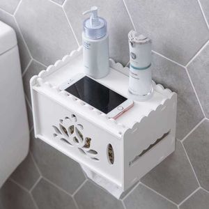 Cajas de pañuelos Servilletas Caja de pañuelos impermeable de plástico de madera hueca Baño WC Soporte para toallas de papel sin perforaciones Caja de pared Papel higiénico Bandeja colgante Estante Z0505