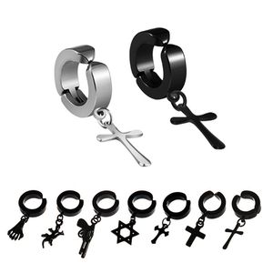 Pendientes colgantes de titanio y acero inoxidable con forma de bala cruzada para hombre, aretes con dijes de plata negra, Clip para oreja, joyería de moda al por mayor