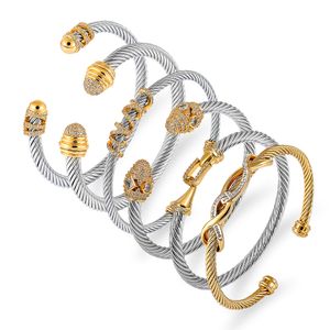 Titanium Steel Twisted Wired Silver Gold Colored Beat Bangle Bracelet, câble en acier inoxydable Fil Crystal Stone pour hommes Femmes