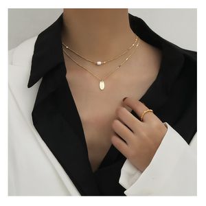 Titanio con cadena en capas de oro de 14 quilates Collar de perlas reales Mujeres Diseñador de joyería T Show Runway Vestido Rare INS Japón Coreano Q0531