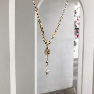 Gargantilla de titanio con capas de oro de 18K para mujer, collar con monedas de perlas reales, joyería Punk, diseñador de fiestas, Club, cóctel, Ins, Japón, Corea