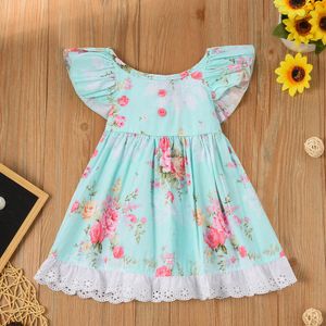 Vestido de encaje para niña pequeña, manga ondulada, 2019, vestidos para recién nacidos, ropa para niñas, disfraz de tutú con estampado Floral de princesa