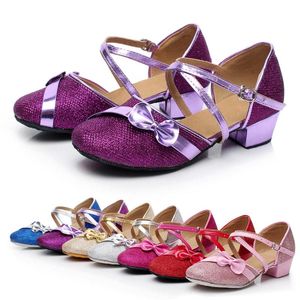 Sandales antidérapantes pour petites filles, chaussures de princesse brillantes avec nœud papillon brillant, pour fête, danse, salle de bal, Tango Latin, simples, princesse