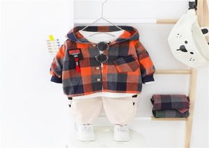 Ropa de niño para niños pequeños set de camisa con capucha grande a cuadros pantalones elásticos ropa para niños ropa primavera de otoño de otoño talla normal 201038452081