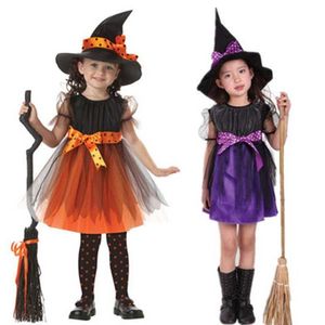 Disfraz de bruja para niña pequeña, vestido de manga corta para niños con cinta de lunares, sombrero puntiagudo para accesorios de fiesta de cuento de hadas de Halloween Y0903