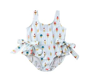 Toddler Ice Cream Print One Pieces Suit Baby Girl Summer Beachwear Kid Baby Girl Swwear Bow Swimsuit Swimming Clothes1599544