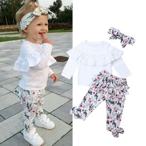 Toddler Enfants Bébé Vêtements Ensemble Solide Top Imprimer Pantalon Fille À Volants Floral Tops Pantalons Leggings 3pcs Tenues Vêtements 1-5 Ans LJ200916