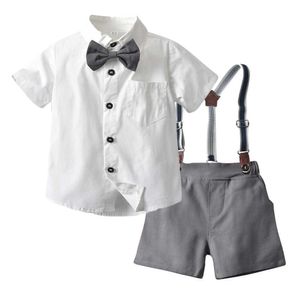 Ensemble de vêtements pour enfants en bas âge Summer Boys Baby Enfants Coton Chemise blanche avec arc + short gris 4 PCS Costume de fête formelle X0802