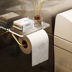 Toilet Paper Holders Luxury Gold Toilet Paper Holder with Shelf No Punching Acrylic Roll Paper Holder Tissue Hanger Bathroom Accessories 230327