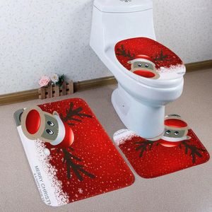 Cubiertas de asiento de inodoro 3PCS Cubierta de Navidad Alfombra Juego de baño Fancy Santa Mat Decoraciones para el hogar