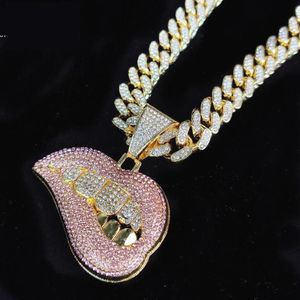 Ton Couleur Micro Pave Rose Zircone Cubique Goutte À Goutte Lèvre Pendentif Collier Glacé Bling Miami Chaîne Cubaine Pour Femmes Hiphop Bijoux Neck319i