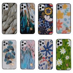 Cajas de pegamento de goteo de flores de hoja de moda para iPhone 14 Pro MAX 13 12 11 Pro XS XR X 8 7 Plus Iphone14 Gold Soft TPU Colorful Feather Smart Mobile Phone Back Cover Skin