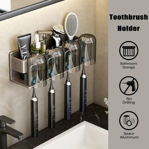 Toothbrush Holders Aluminum Alloy Toothbrush Holder Without Drilling Storage Organizer Bathroom Shelf Bathroom Accessories 230921